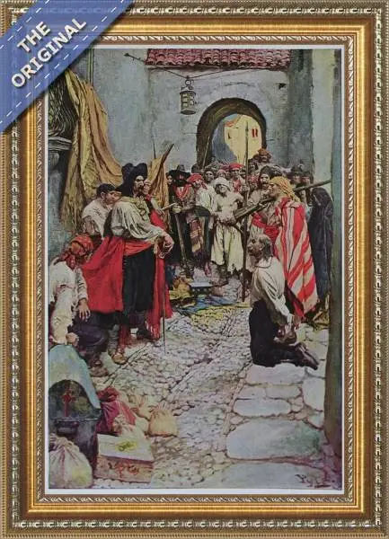 Finished reproduction of Extorting tribute from the citizens, or The sack of Carthagena, from The Fate of a Treasure Town by Howard Pyle, published in Harpers Monthly Magazine, December 1905