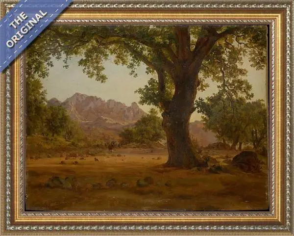 Finished reproduction of A massive oak tree in an extensive mountain landscape