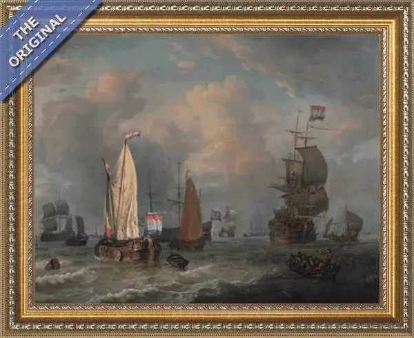 Finished reproduction of A smalschip, a boeier yacht, a Dutch frigate and other shipping in choppy seas