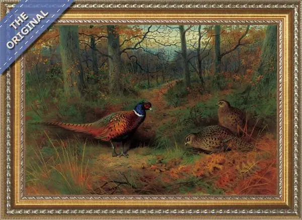 Finished reproduction of On the ride A cock and two hen pheasant in autumn