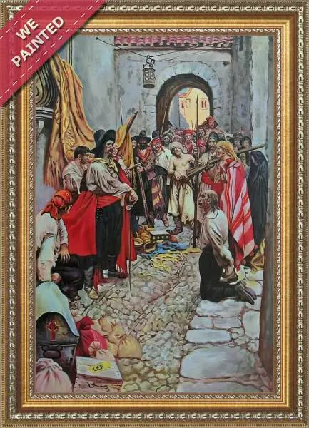 Detail of the reproduction of Extorting tribute from the citizens, or The sack of Carthagena, from The Fate of a Treasure Town by Howard Pyle, published in Harpers Monthly Magazine, December 1905