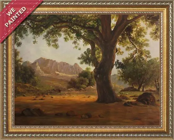 Detail of the reproduction of A massive oak tree in an extensive mountain landscape