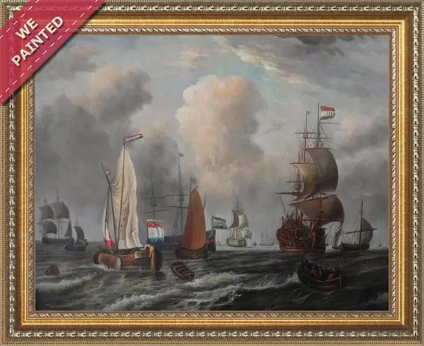 Detail of the reproduction of A smalschip, a boeier yacht, a Dutch frigate and other shipping in choppy seas