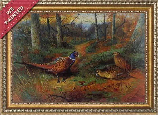 Detail of the reproduction of On the ride A cock and two hen pheasant in autumn